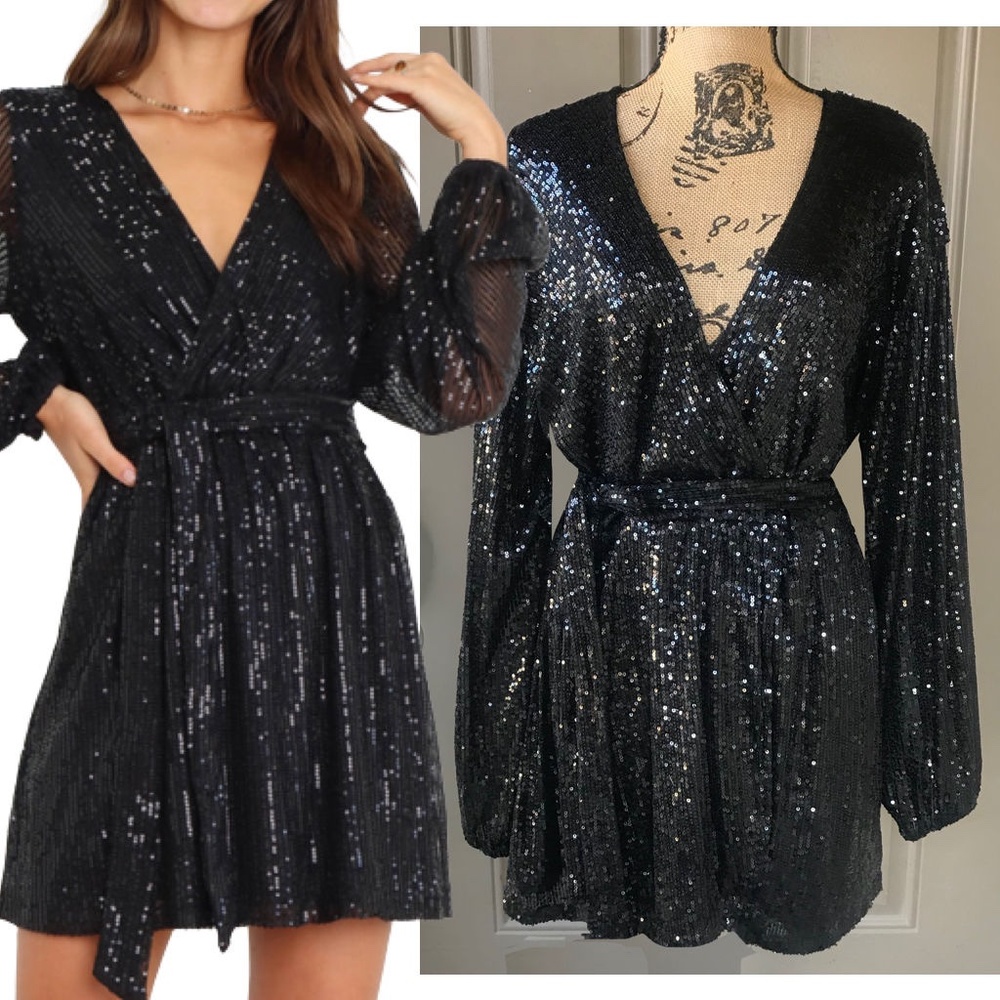 Petal & Pup Black Sequin GLITZ Mini Dress Size 6 US